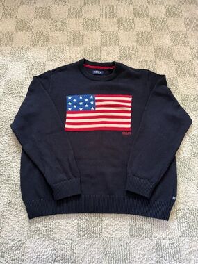 Chaps Men's Navy Crewneck Sweater with American Flag